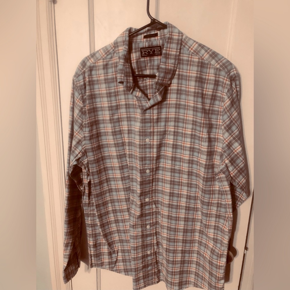 Brand new with tags. Light blue grey and red button up. Brand Rye by Hawker Rue